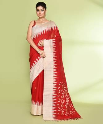 women's red embellished matka silk blend jamdani saree 1