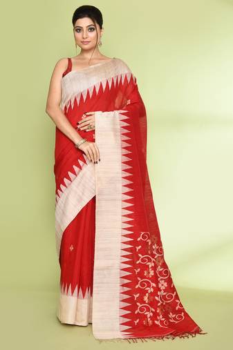 women's red embellished matka silk blend jamdani saree
