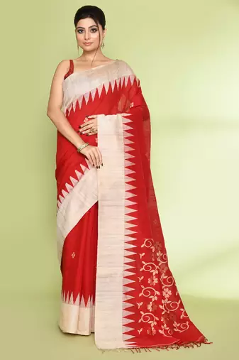 women's red embellished matka silk blend jamdani saree