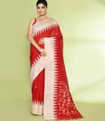 women's red embellished matka silk blend jamdani saree