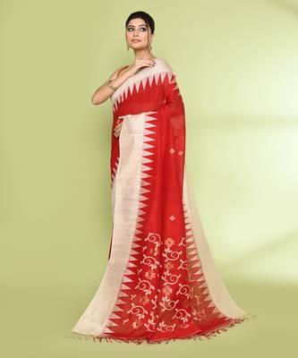 women's red embellished matka silk blend jamdani saree 2