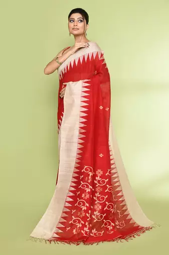 women's red embellished matka silk blend jamdani saree
