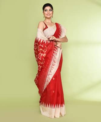 women's red embellished matka silk blend jamdani saree 3