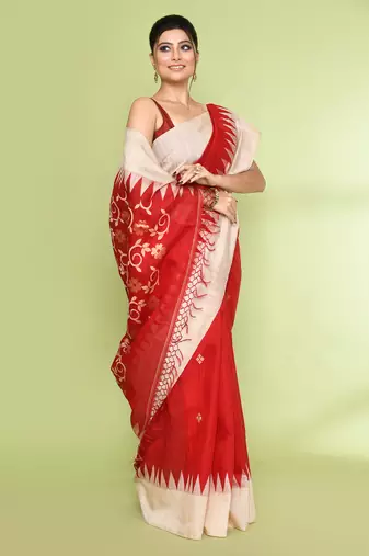 women's red embellished matka silk blend jamdani saree