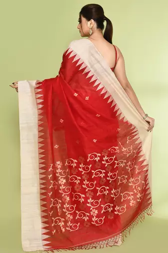 women's red embellished matka silk blend jamdani saree