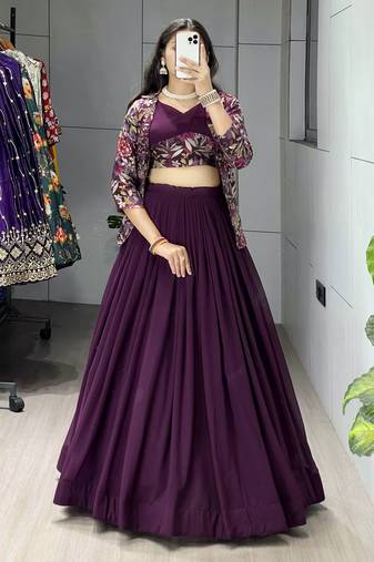 Wine Color Plain Foil Work Heavy Gorgette  Lehenga Fully Stitched Blouse & Koti - Full Stitched free Size