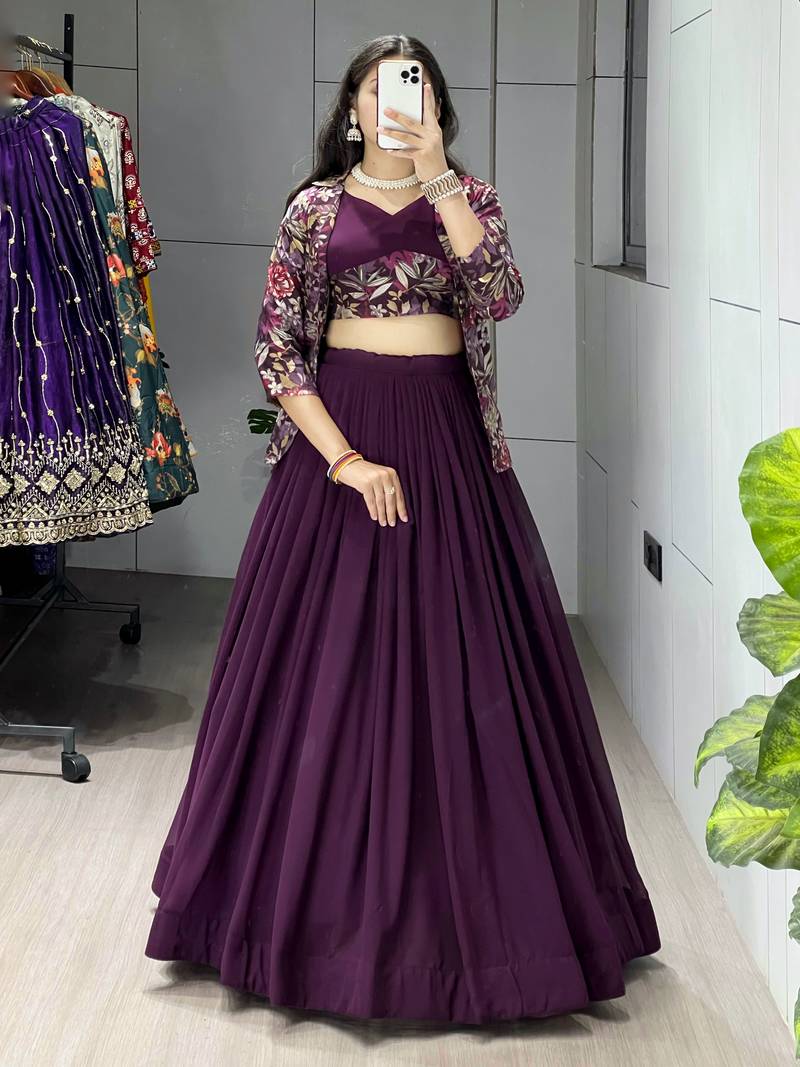Wine Color Plain Foil Work Heavy Gorgette  Lehenga Fully Stitched Blouse & Koti - Full Stitched free Size