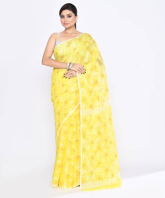 Women's yellow embellished cotton blend jamdani saree 1