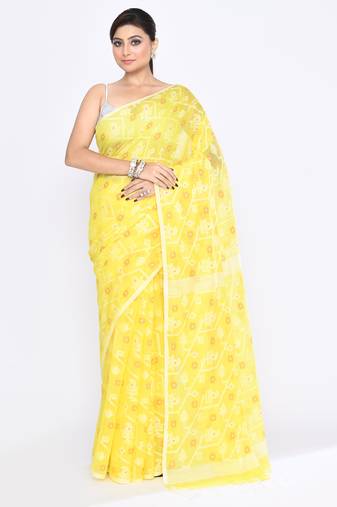 Women's yellow embellished cotton blend jamdani saree
