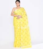 Women's yellow embellished cotton blend jamdani saree