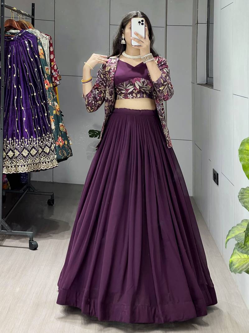 Wine Color Plain Foil Work Heavy Gorgette  Lehenga Fully Stitched Blouse & Koti - Full Stitched free Size
