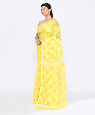 Women's yellow embellished cotton blend jamdani saree 2