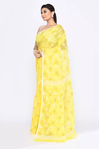 Women's yellow embellished cotton blend jamdani saree
