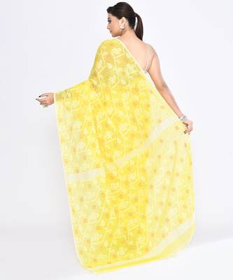 Women's yellow embellished cotton blend jamdani saree 3