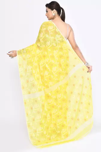 Women's yellow embellished cotton blend jamdani saree