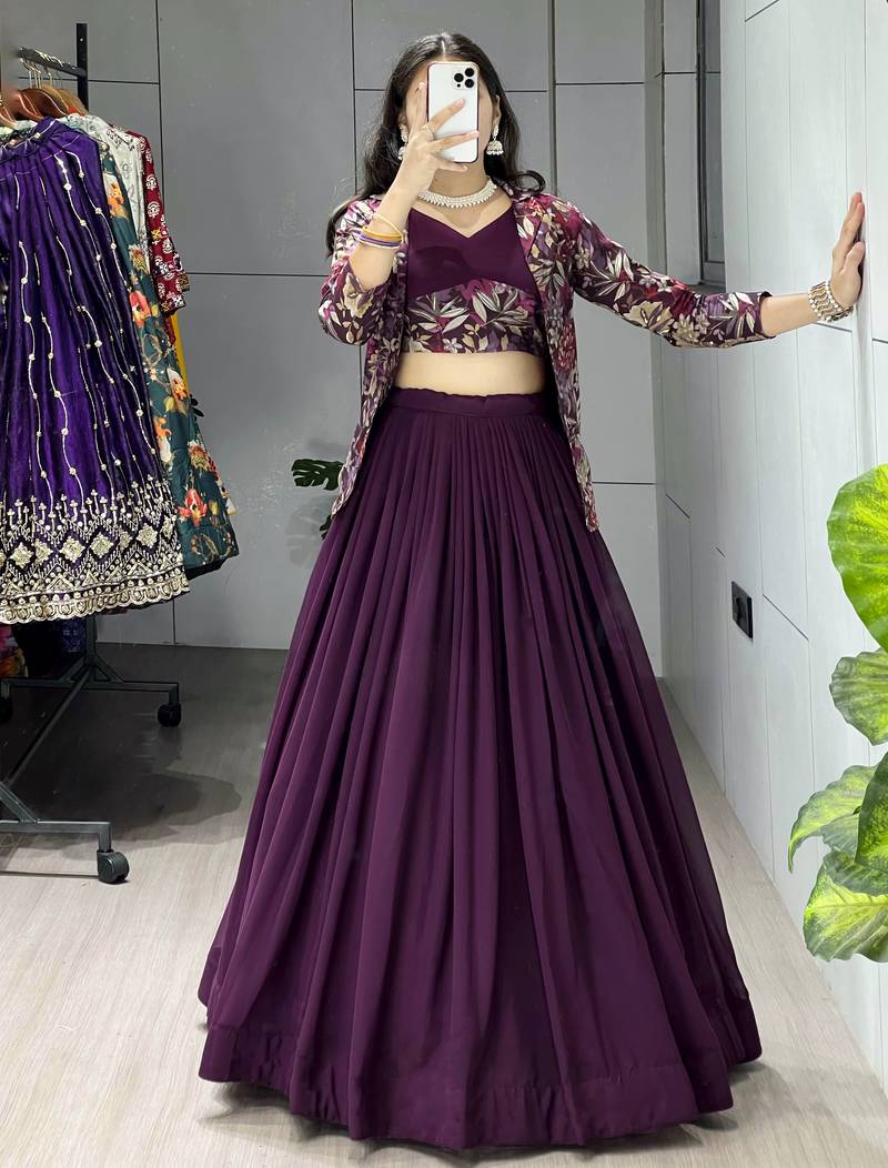 Wine Color Plain Foil Work Heavy Gorgette  Lehenga Fully Stitched Blouse & Koti - Full Stitched free Size