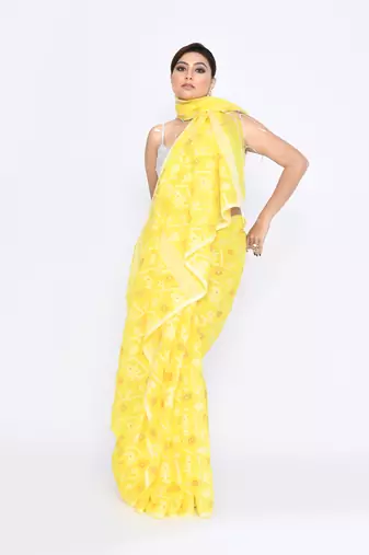 Women's yellow embellished cotton blend jamdani saree