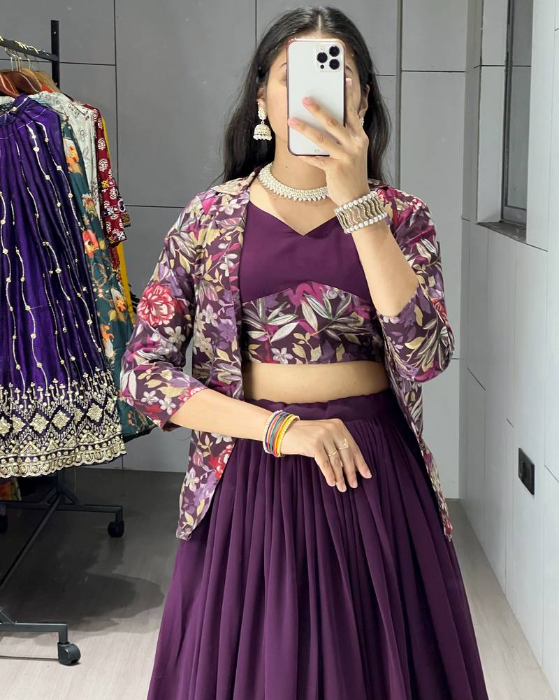 Wine Color Plain Foil Work Heavy Gorgette  Lehenga Fully Stitched Blouse & Koti - Full Stitched free Size