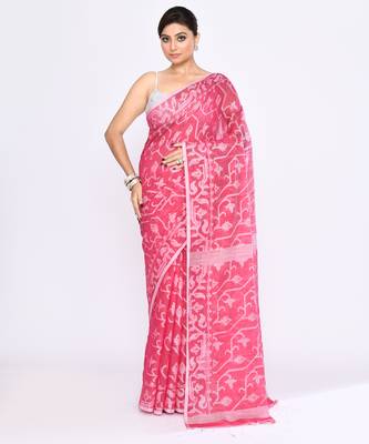 Women's pink embellished cotton blend jamdani saree 1