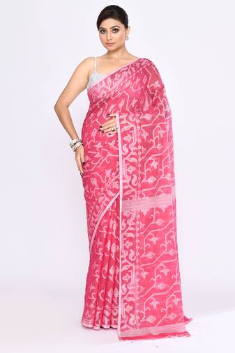 Women's pink embellished cotton blend jamdani saree