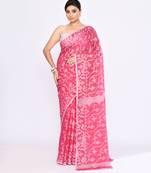 Women's pink embellished cotton blend jamdani saree