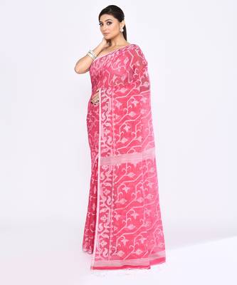 Women's pink embellished cotton blend jamdani saree 2
