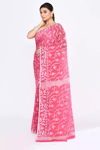 Women's pink embellished cotton blend jamdani saree