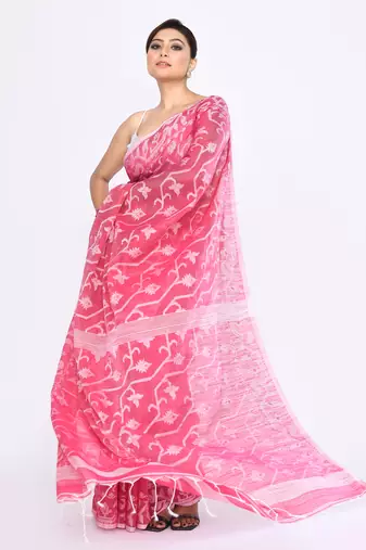 Women's pink embellished cotton blend jamdani saree
