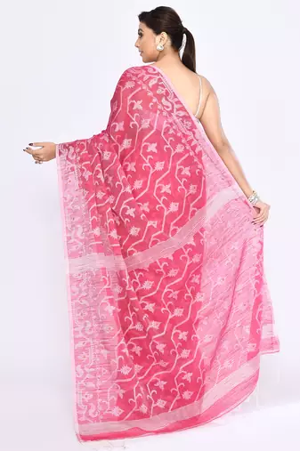 Women's pink embellished cotton blend jamdani saree