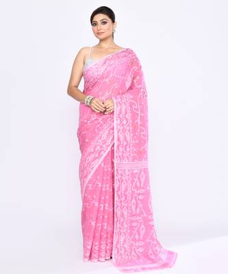 Women's pink embellished cotton blend jamdani saree 1