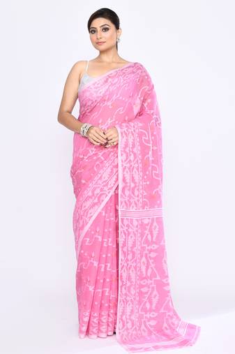 Women's pink embellished cotton blend jamdani saree