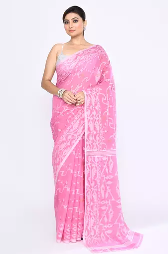 Women's pink embellished cotton blend jamdani saree