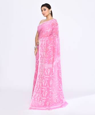 Women's pink embellished cotton blend jamdani saree 2