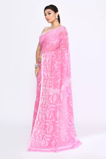 Women's pink embellished cotton blend jamdani saree