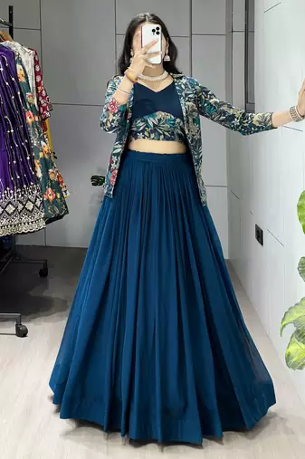 Rama Color Plain Foil Work Heavy Gorgette  Lehenga Fully Stitched Blouse & Koti- Full Stitched free Size