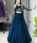 Rama Color Plain Foil Work Heavy Gorgette  Lehenga Fully Stitched Blouse & Koti- Full Stitched free Size
