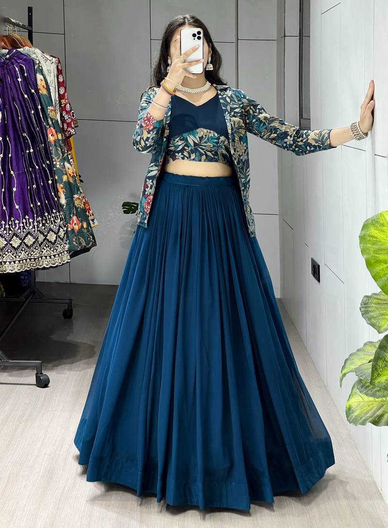 Rama Color Plain Foil Work Heavy Gorgette  Lehenga Fully Stitched Blouse & Koti- Full Stitched free Size