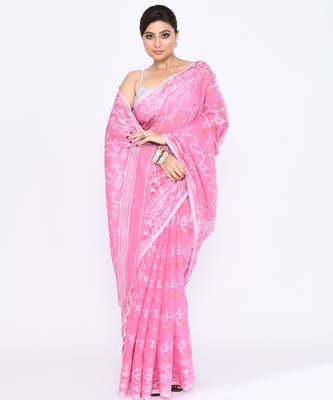 Women's pink embellished cotton blend jamdani saree 3