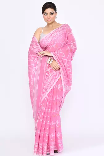 Women's pink embellished cotton blend jamdani saree