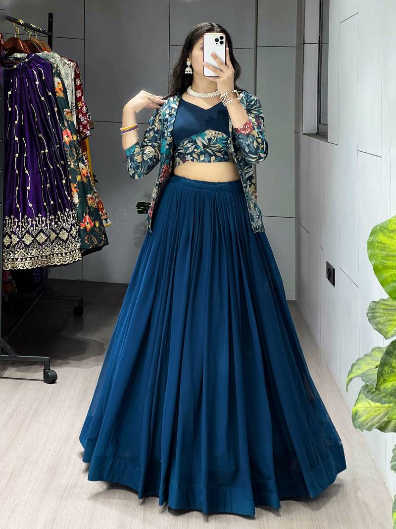 Rama Color Plain Foil Work Heavy Gorgette  Lehenga Fully Stitched Blouse & Koti- Full Stitched free Size