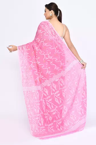 Women's pink embellished cotton blend jamdani saree