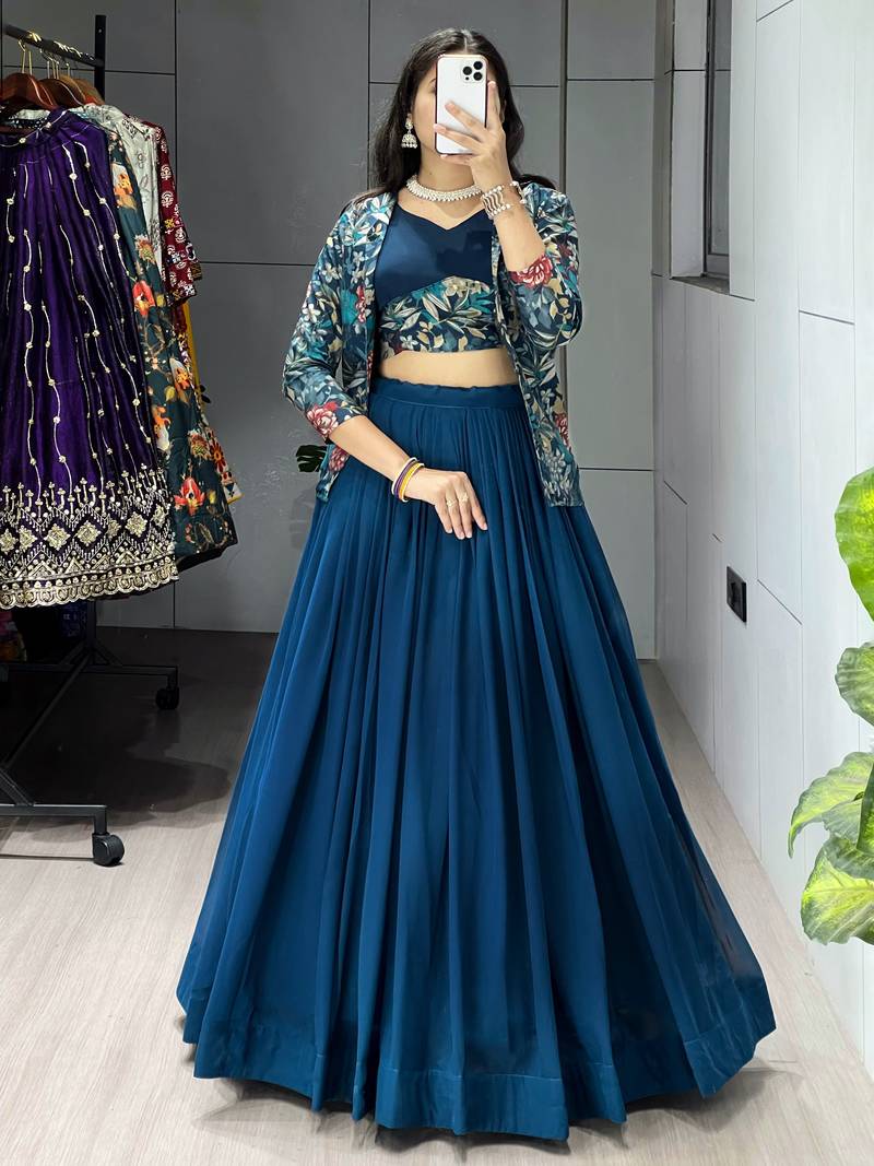 Rama Color Plain Foil Work Heavy Gorgette  Lehenga Fully Stitched Blouse & Koti- Full Stitched free Size
