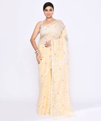 Women's cream embellished cotton blend jamdani saree 1