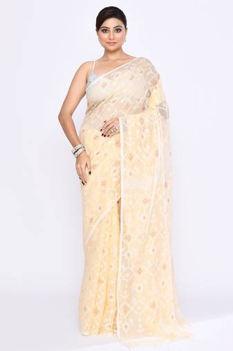 Women's cream embellished cotton blend jamdani saree