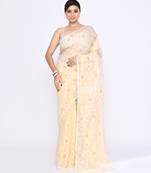 Women's cream embellished cotton blend jamdani saree