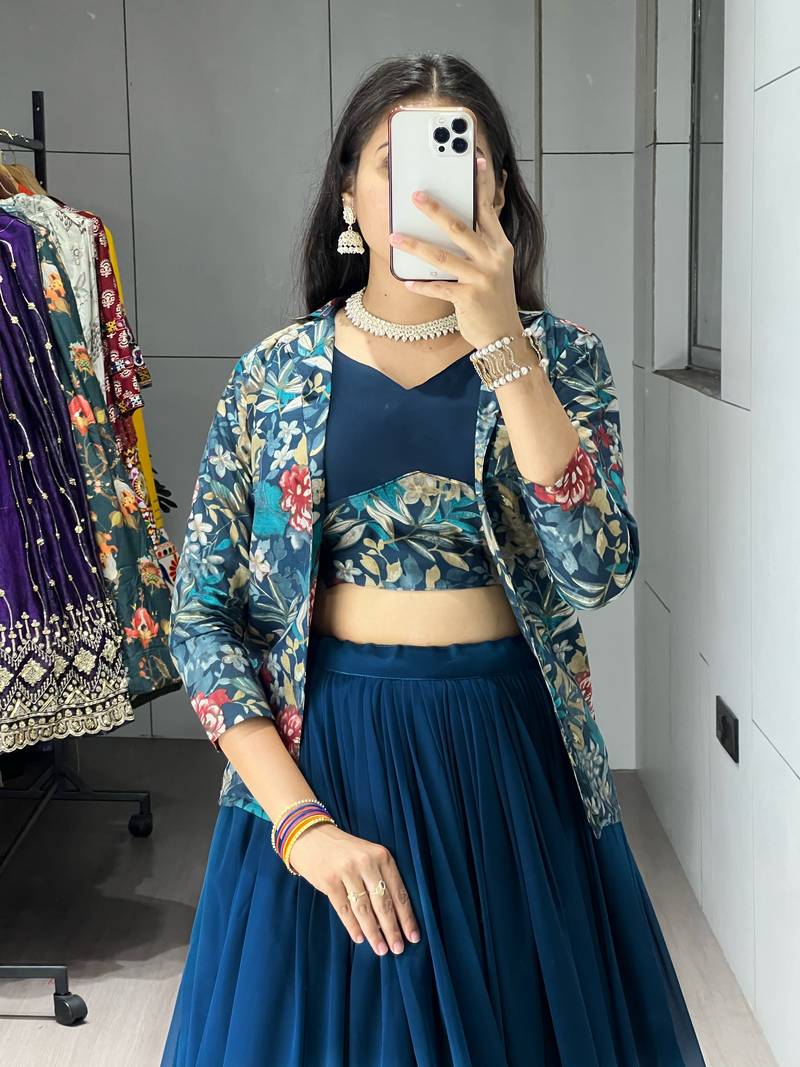 Rama Color Plain Foil Work Heavy Gorgette  Lehenga Fully Stitched Blouse & Koti- Full Stitched free Size