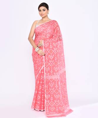 Women's salmon embellished cotton blend jamdani saree 1