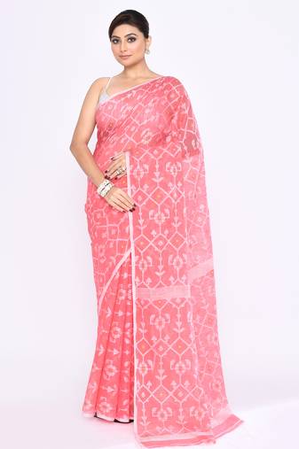 Women's salmon embellished cotton blend jamdani saree