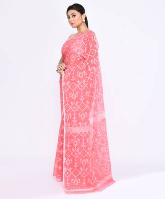 Women's salmon embellished cotton blend jamdani saree 2