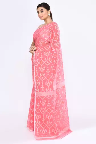 Women's salmon embellished cotton blend jamdani saree